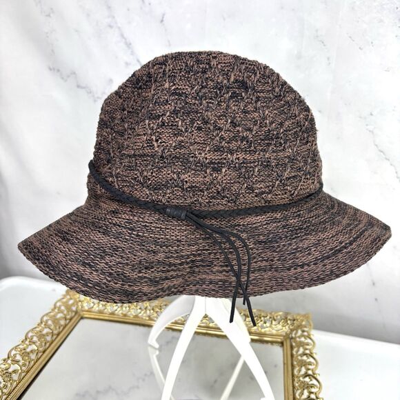 VTG Free People Bucket Hat Women OS Black Brown Polyester Jute Knot Design Tie - Picture 1 of 11